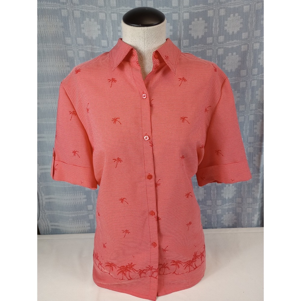 VTG Koret Hawaiian Shirt Womens Size 14 Salmon Top Palm Trees Tropical Blouse
